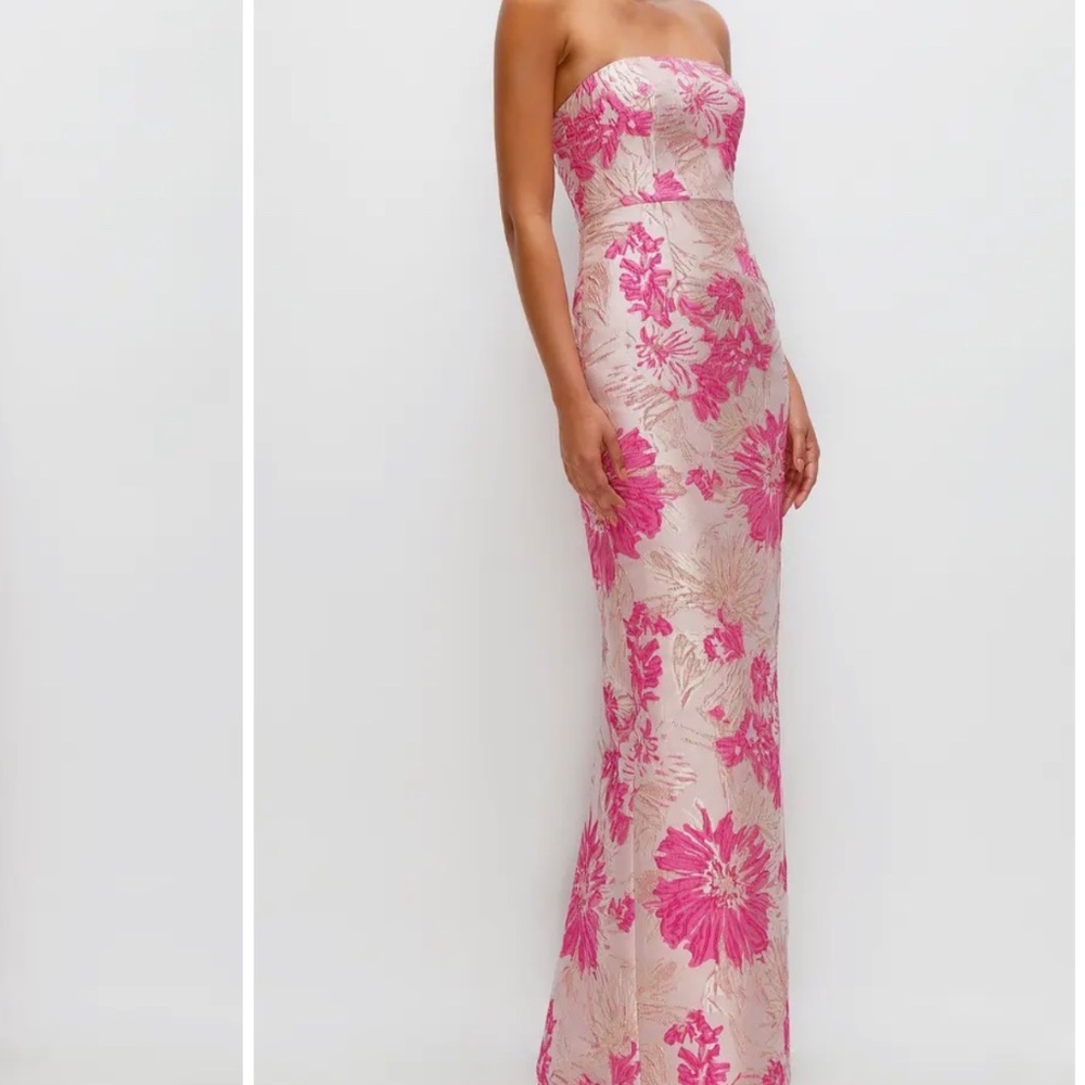 Alfred Sung pink multi hibiscus metallic floral jacquard strapless column gown - Picture 3 of 8